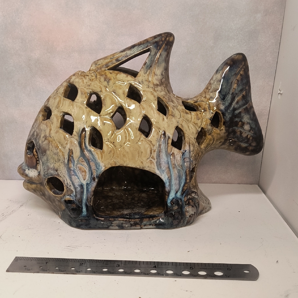 Blue Beige Large Ceramic Coy Fish Votive Candle Holder 9” L x 6.25” H